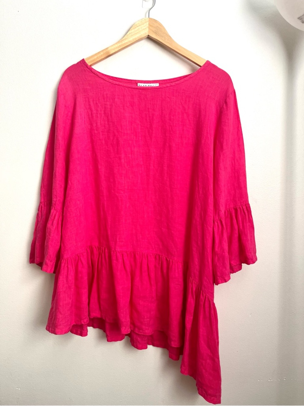 Bryn Walker Pink Linen Lagenlook Asymmetrical Hem Ruffle Tunic Blouse